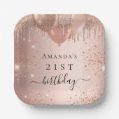 Birthday Rose Goldblush Glitzer Ballons Name Pappteller (Vorderseite)
