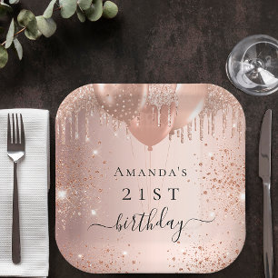 Birthday Rose Goldblush Glitzer Ballons Name Pappteller