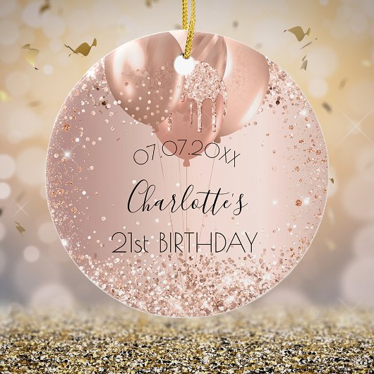 Birthday Rose Goldblush Glitzer Namensballons Keramik Ornament