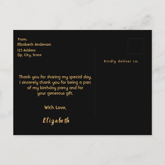 Birthday Rose goldene Verglasung schwarz Danke Postkarte (Rückseite)
