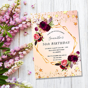 Birthday Rose Goldfloralen Bordeaux Einladung Postkarte