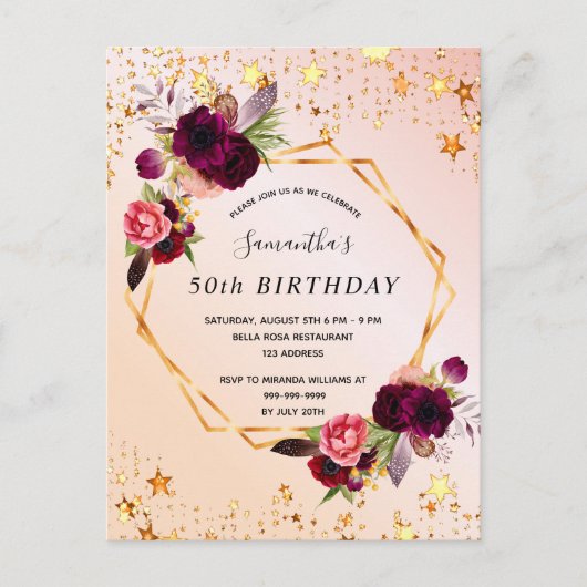 Birthday Rose Goldfloralen Bordeaux Einladung Postkarte (Vorderseite)
