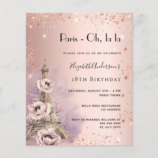 Birthday Rose Paris Eiffel Einladung (Vorderseite)