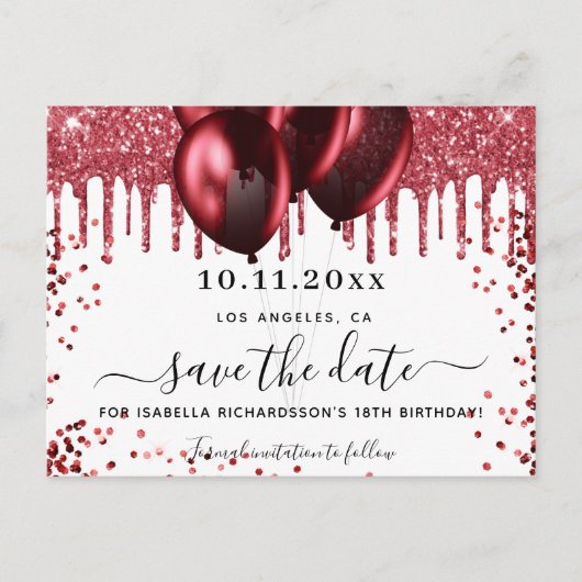 Birthday-Rot-Glitzer-Ballons Save the Date Ankündigungspostkarte (Vorderseite)