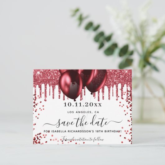 Birthday-Rot-Glitzer-Ballons Save the Date Ankündigungspostkarte (Stehend Vorderseite)