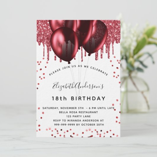 Birthday Rot-Weiß-Glitzer-Ballons Luxus Einladung (Stehend Vorderseite)