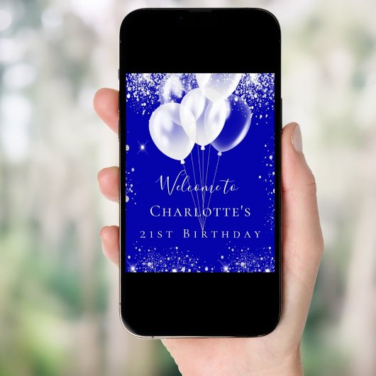 Birthday Roya Blue Silver Glitzer Ballons willkomm Poster