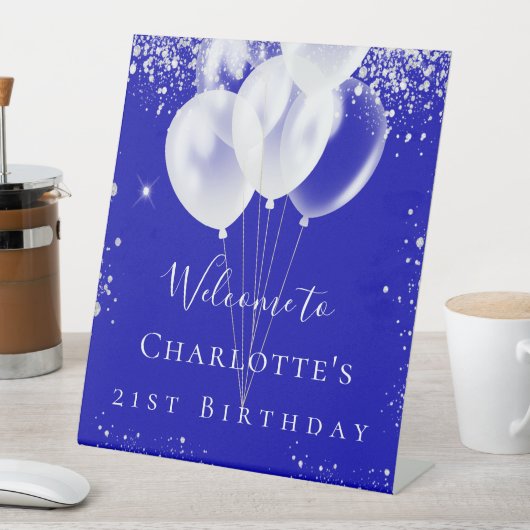 Birthday Roya Blue Silver Glitzer Ballons willkomm Sockelschild (In Situ)