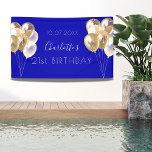 Birthday Royal Blue Gold Ballons Party Banner<br><div class="desc">Für eine mädchenhafte und glamouröse 21. Geburtstagsfeier (oder jedes Alter). Ein königlich blauer Hintergrund. Mit goldenen Ballons dekoriert. Personalisieren und fügen Sie einen Namen,  Datum und Alter 21. Weiße Buchstaben. Der Name ist mit einem modernen handgeschriebenen Stilskript geschrieben.</div>