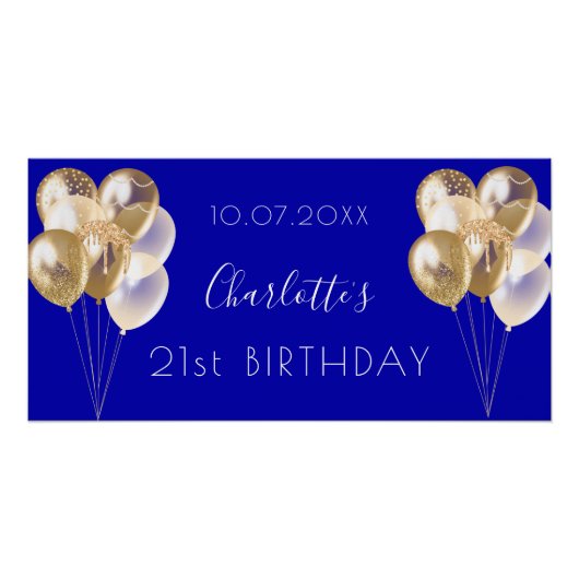 Birthday Royal Blue Gold Ballons Party Poster (Vorderseite)