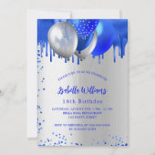Birthday Royal Blue Silber Ballons Luxus Einladung (Vorderseite)