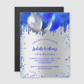 Birthday Royal Blue Silber Ballons Luxus Magneteinladung (Vorne/Hinten)