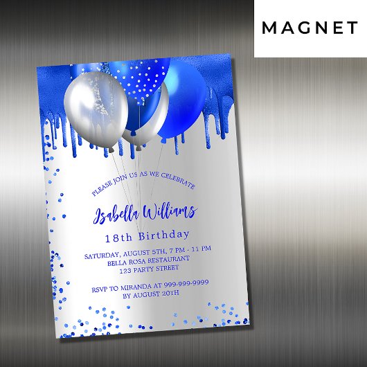 Birthday Royal Blue Silber Ballons Luxus Magneteinladung