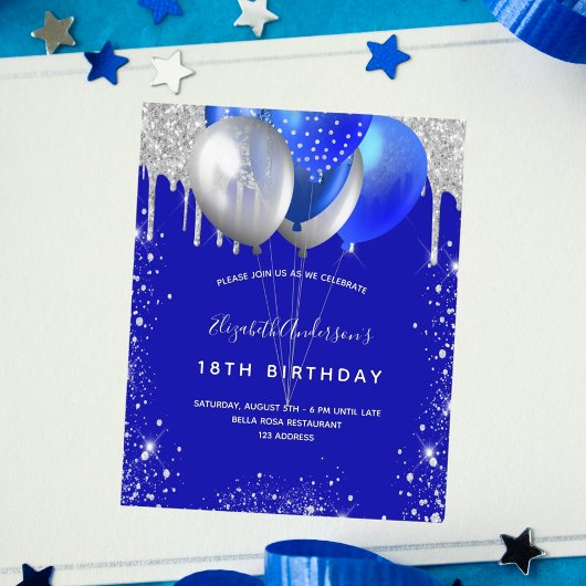 Birthday Royal Blue Silver Einladung