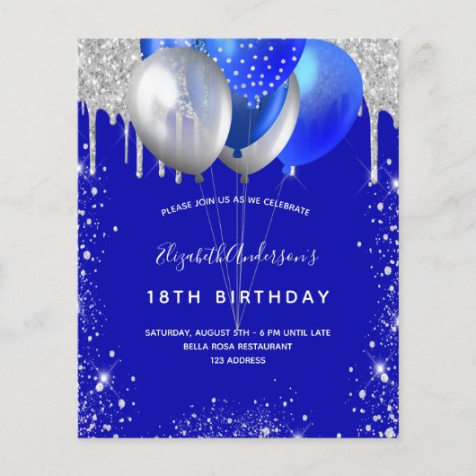 Birthday Royal Blue Silver Einladung (Vorderseite)
