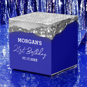 Birthday Royal Blue Silver Glitzer Name Vielen Dan Geschenkschachtel