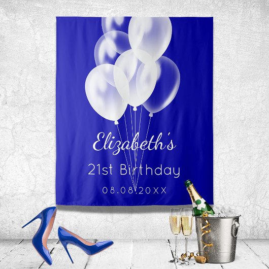 Birthday Royal Blue White Ballons Name Wandteppich