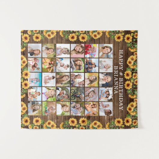 Birthday Rustic Sonnenblume Holz 30 Foto Collage Wandteppich (Vorderseite (Horizontal))