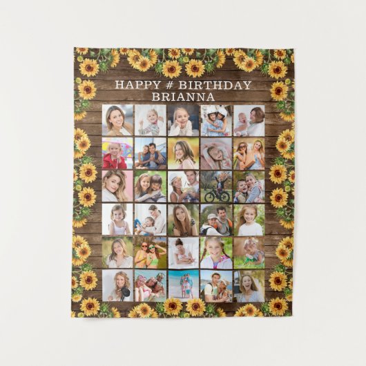 Birthday Rustic Sonnenblume Holz 30 Foto Collage Wandteppich (Vorderseite)
