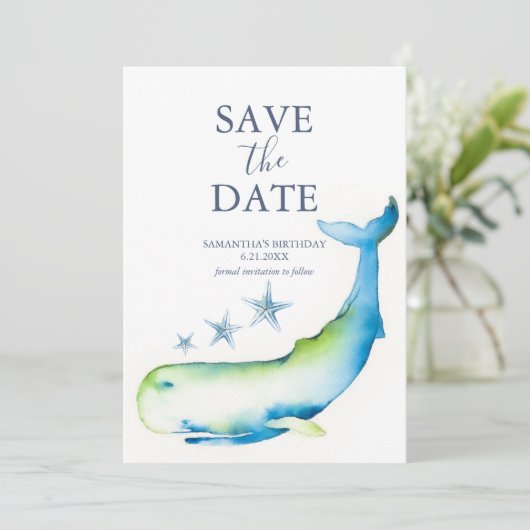 Birthday Save The Date Cards Whale (Stehend Vorderseite)