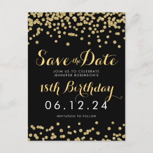 Birthday Save the Date Gold Glitzer Confetti Black Ankündigungspostkarte