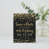 Birthday Save the Date Gold Glitzer Confetti Black Ankündigungspostkarte (Stehend Vorderseite)