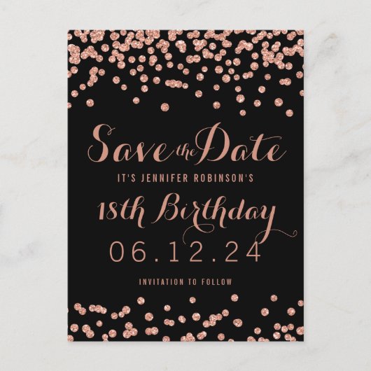 Birthday Save the Date Rose Gold Glitzer Confetti Ankündigungspostkarte (Vorderseite)