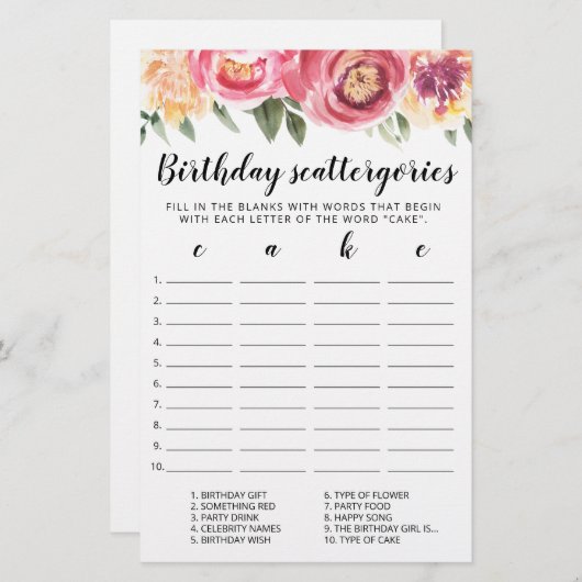 Birthday Scattergories-Spiel (Vorne/Hinten)