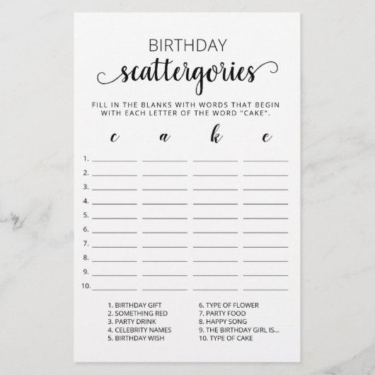 Birthday Scattergories-Spiel (Vorderseite)