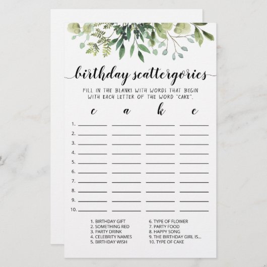 Birthday Scattergories-Spiel (Vorne/Hinten)