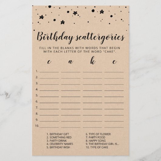 Birthday Scattergories-Spiel (Vorderseite)