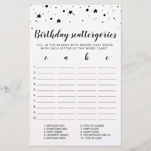 Birthday Scattergories-Spiel (Vorderseite)