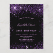 Birthday Schwarz lila Glitzer Staub glamourös Einladungspostkarte (Vorderseite)