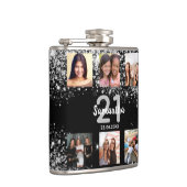 Birthday Schwarz-Silber-Glitzer Name Foto Collage Flachmann (Rechts)