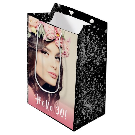 Birthday Schwarz-Silber-Glitzer Staub Foto Hallo 3 Mittlere Geschenktüte (Vorderseite Schrägansicht)