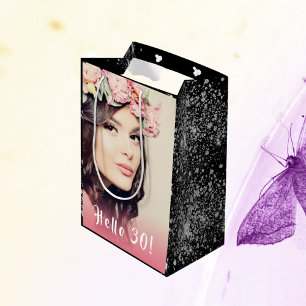 Birthday Schwarz-Silber-Glitzer Staub Foto Hallo 3 Mittlere Geschenktüte