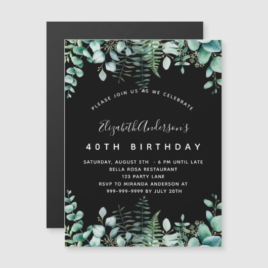 Birthday schwarze Eukalyptus Grünwald Luxus Magneteinladung (Vorne/Hinten)