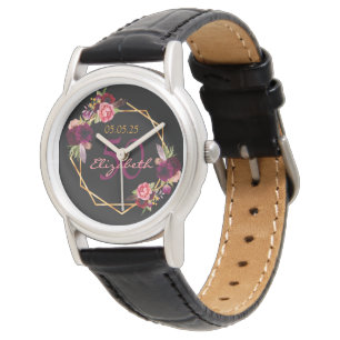 Birthday schwarze Florals geometrische bordeauxrot Armbanduhr