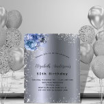 Birthday silber blauen Floren Haushaltseinladung Flyer<br><div class="desc">Bitte beachten Sie, dass diese Einladung auf Flyer Papier und sehr dünn ist. Umschläge sind nicht enthalten. Für dickere Einladungen (gleiche Gestaltung) besuchen Sie bitte unseren Shop. Für einen eleganten 50. Geburtstag (oder jedes Alter). Ein stilvolles dunkles Imitat silbermetallisch anmutender Hintergrund. Dekoriert mit Imitaten Glitzer Staub und blauen Blumen. Personalisieren...</div>