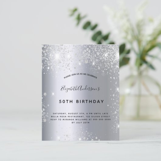 Birthday silber Glitzer Einladung (Stehend Vorderseite)