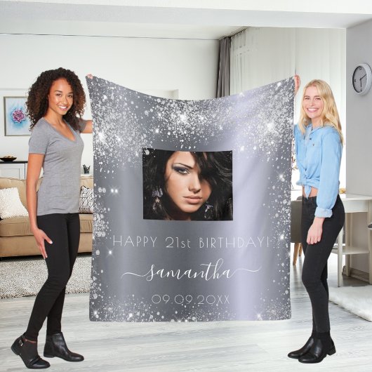 Birthday Silber Glitzer Foto Namensschrift Fleecedecke