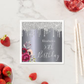 Birthday silber Glitzer Tropfen Blumenburgund Name Serviette (Beispiel)