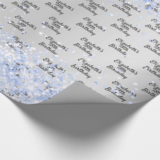 Birthday silber hellblau Konfetti Funkelname Geschenkpapier (Ecke)