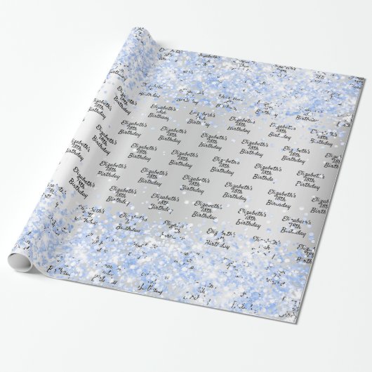Birthday silber hellblau Konfetti Funkelname Geschenkpapier (Ungerollt)