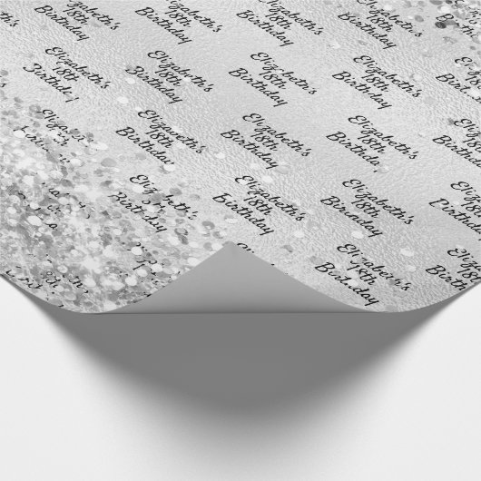 Birthday silber Konfetti funkeln Name elegant Geschenkpapier (Ecke)