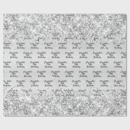 Birthday silber Konfetti funkeln Name elegant Geschenkpapier (Flach)