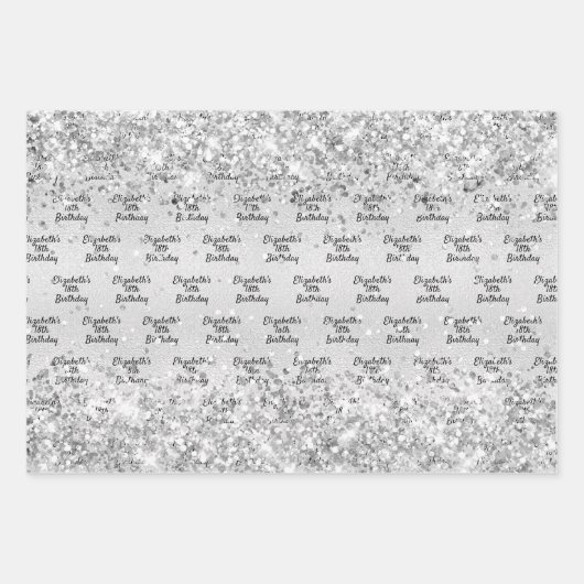 Birthday silber Konfetti funkeln Name elegant Geschenkpapier Set (Vorderseite)