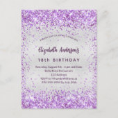 Birthday silber lila violett Glitzer glamourös Einladungspostkarte (Vorderseite)