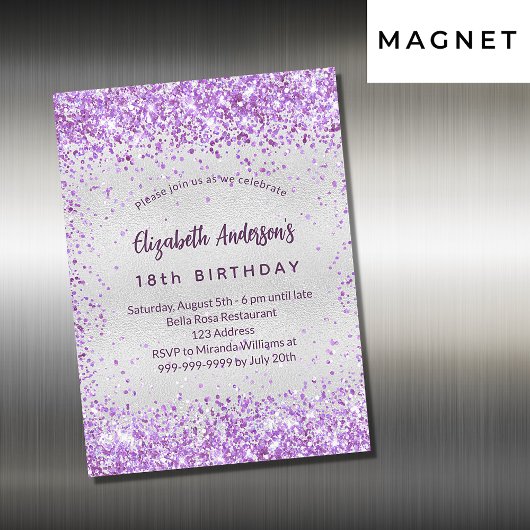 Birthday silber lila violett Glitzer Luxus Magneteinladung