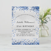 Birthday Silber Marine blauen Konfetti Einladung (Stehend Vorderseite)